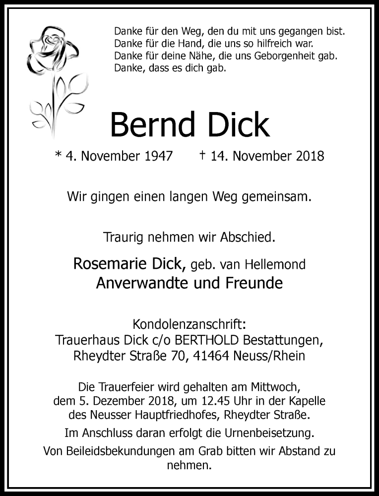  Traueranzeige für Bernd Dick vom 28.11.2018 aus Rheinische Post