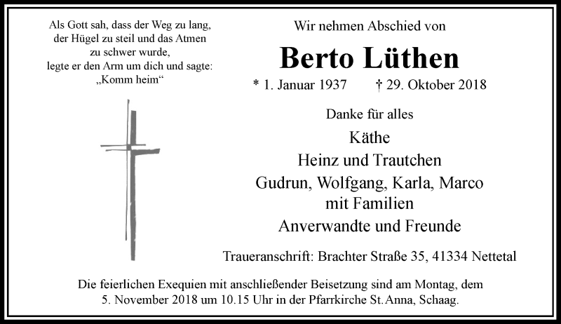  Traueranzeige für Berto Lüthen vom 01.11.2018 aus Rheinische Post