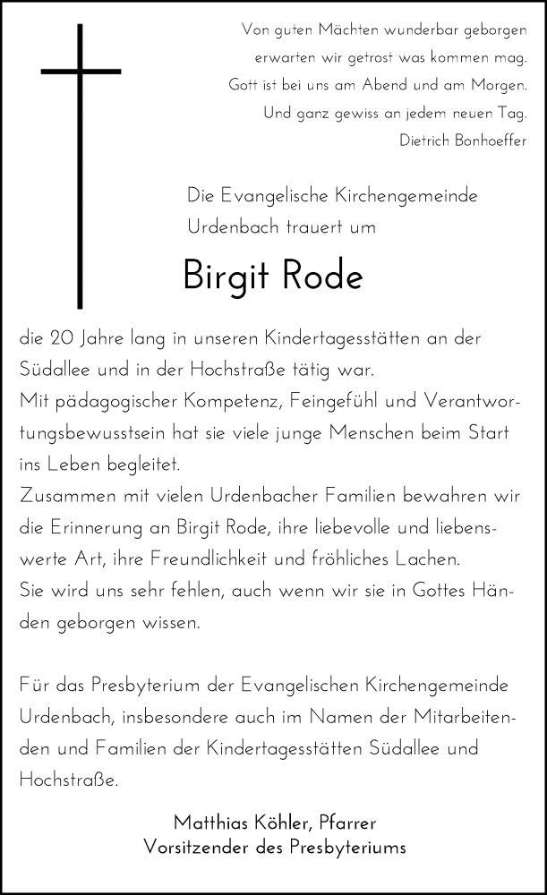  Traueranzeige für Birgit Rode vom 16.11.2018 aus Rheinische Post
