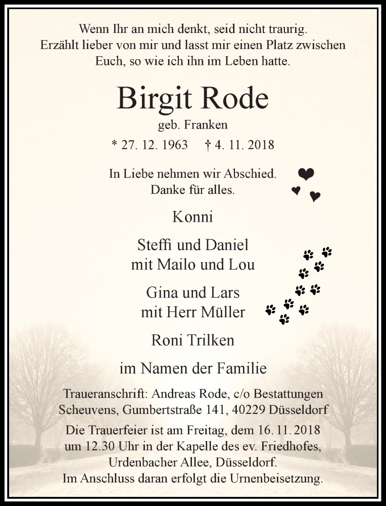  Traueranzeige für Birgit Rode vom 10.11.2018 aus Rheinische Post