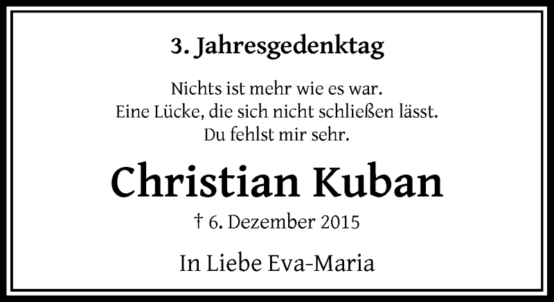  Traueranzeige für Christian Kuban vom 08.12.2018 aus Rheinische Post