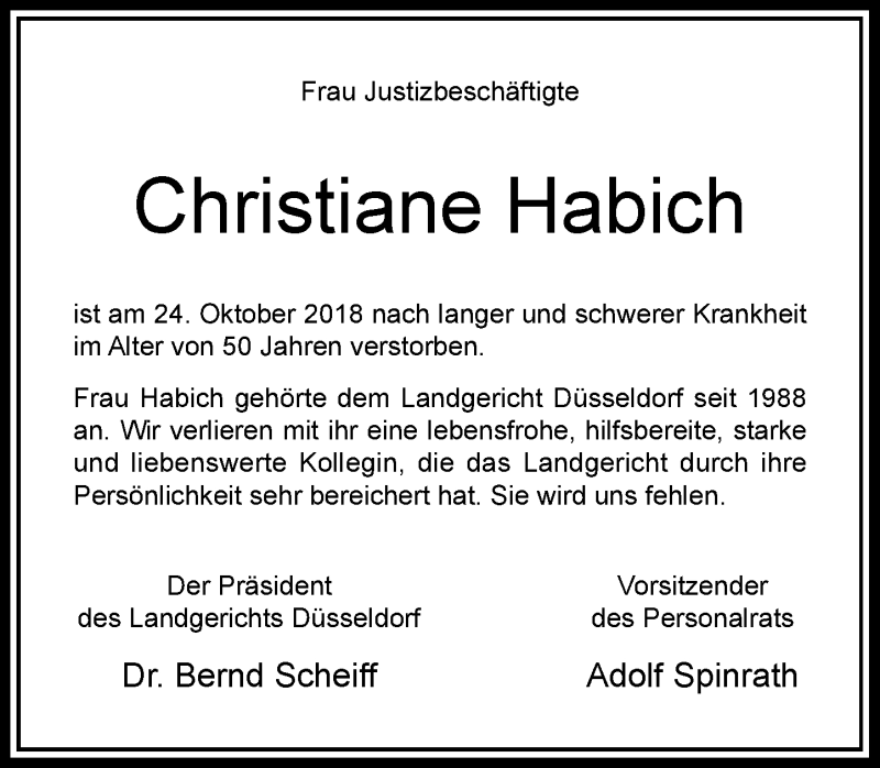  Traueranzeige für Christiane Habich vom 01.11.2018 aus Rheinische Post