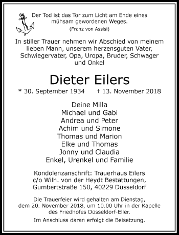Traueranzeige von Dieter Eilers von Rheinische Post