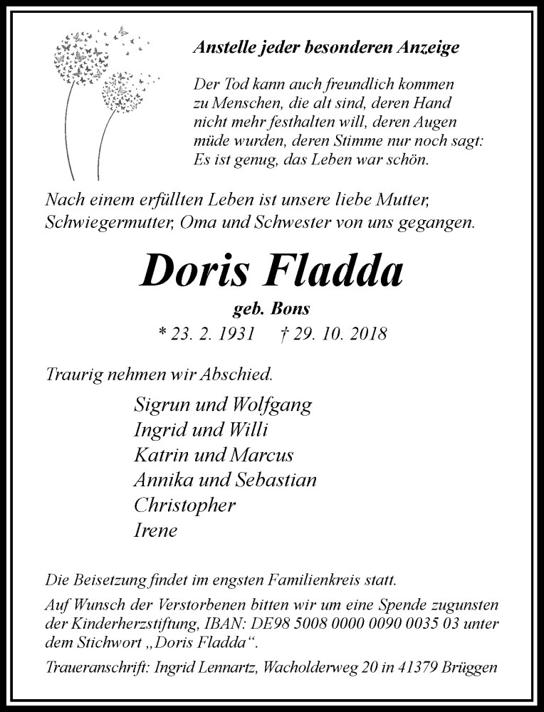  Traueranzeige für Doris Fladda vom 03.11.2018 aus Rheinische Post