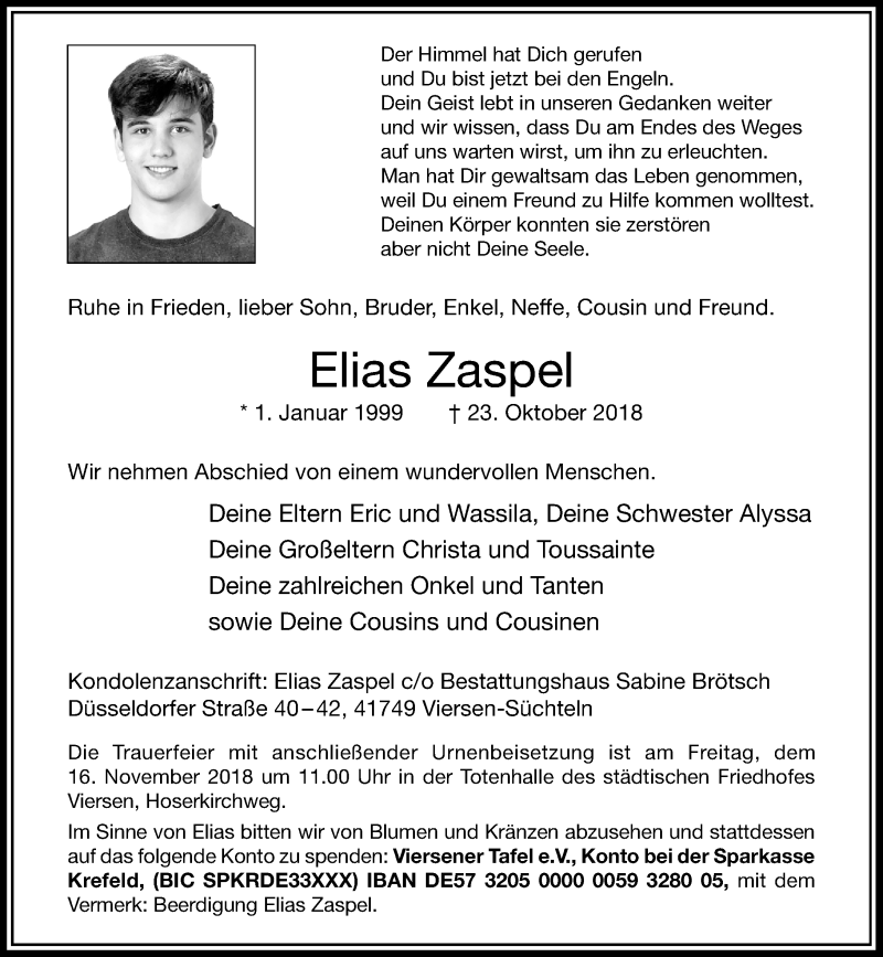  Traueranzeige für Elias Zaspel vom 10.11.2018 aus Rheinische Post