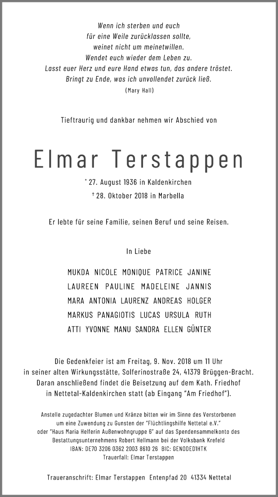  Traueranzeige für Elmar Terstappen vom 07.11.2018 aus Rheinische Post