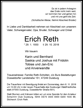 Traueranzeige von Erich Reth von Rheinische Post