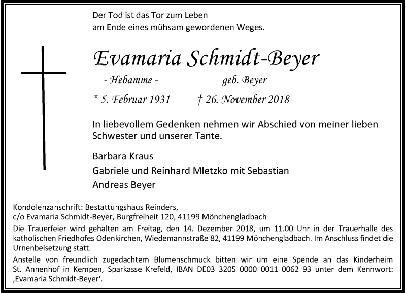 Traueranzeige für Evamaria Schmidt-Beyer vom 01.12.2018 aus Rheinische Post