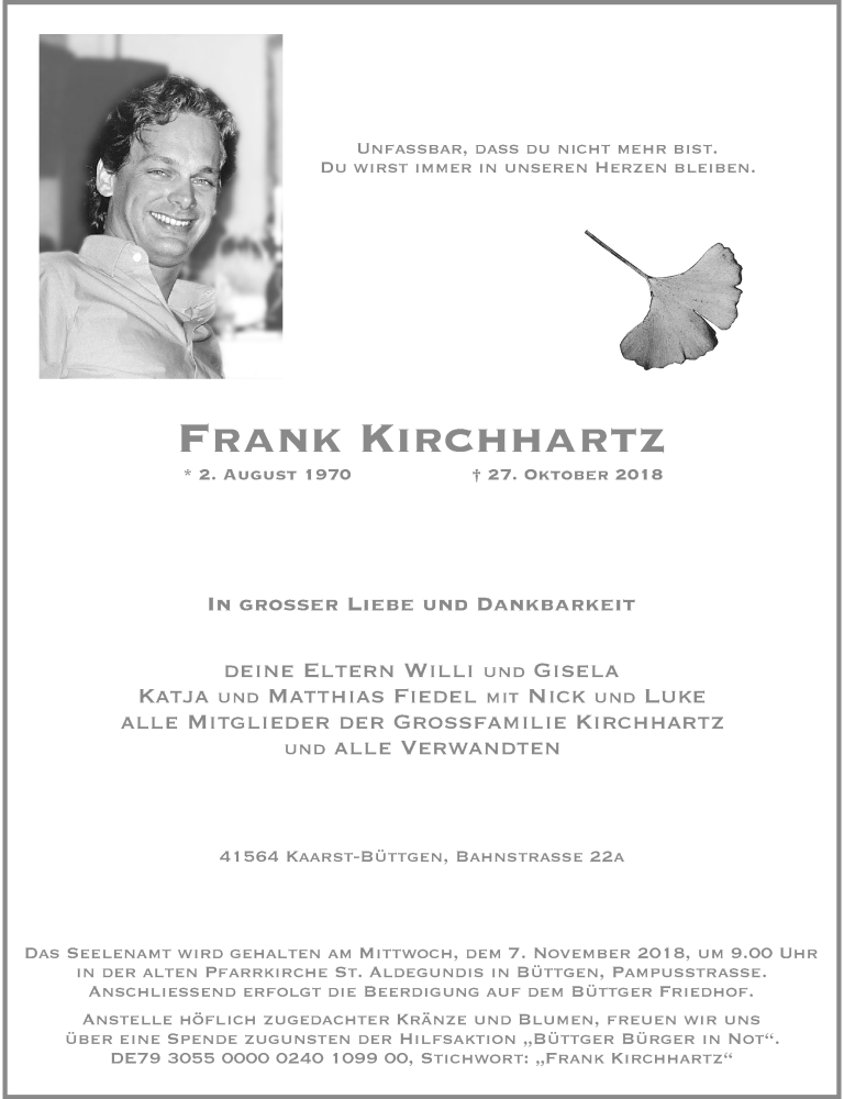  Traueranzeige für Frank Kirchhartz vom 03.11.2018 aus Rheinische Post