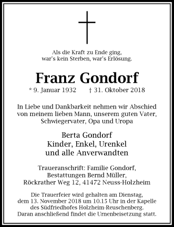 Traueranzeige von Franz Gondorf von Rheinische Post