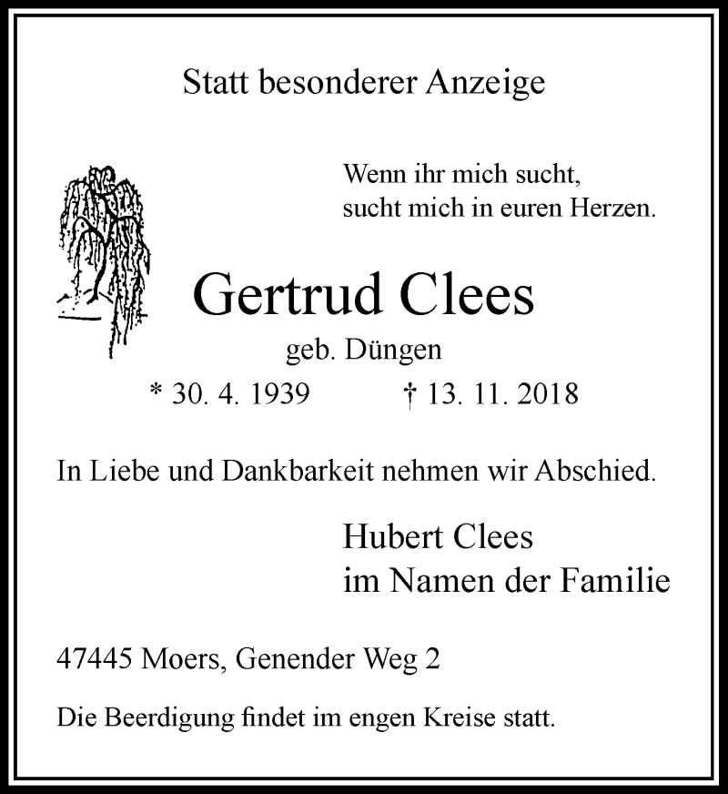  Traueranzeige für Gertrud Clees vom 15.11.2018 aus Rheinische Post
