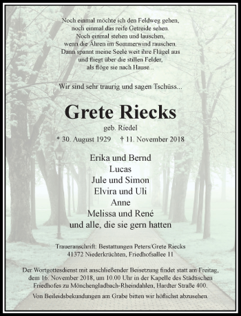 Traueranzeige von Grete Riecks von Rheinische Post