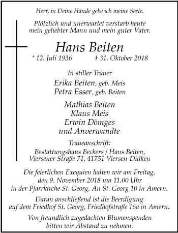 Traueranzeige von Hans Beiten von Rheinische Post