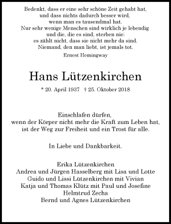 Traueranzeige von Hans Lützenkirchen von Rheinische Post