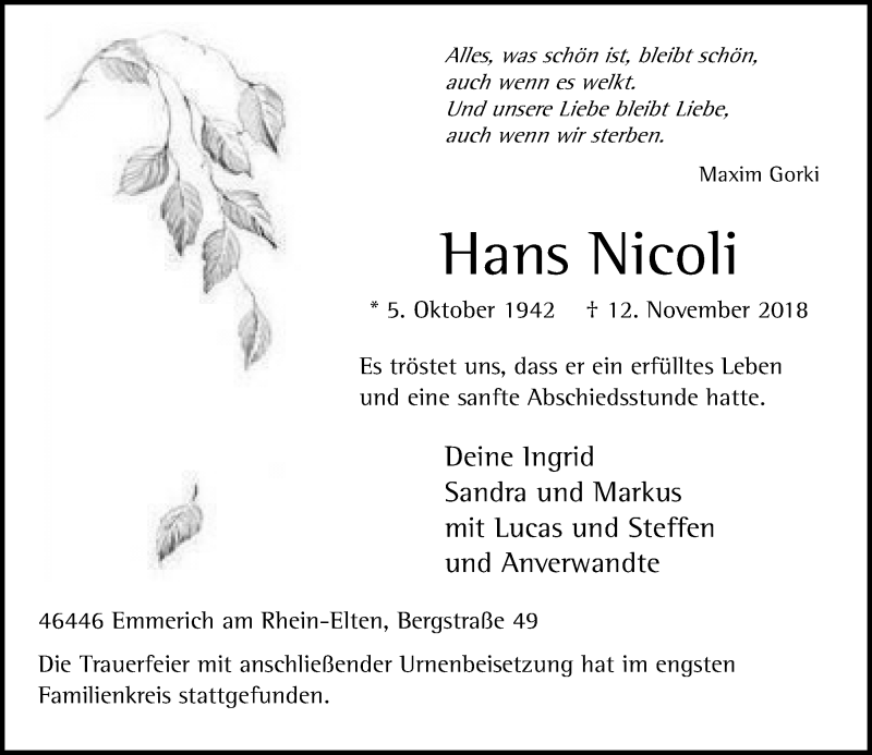  Traueranzeige für Hans Nicoli vom 28.11.2018 aus Rheinische Post