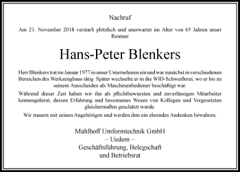 Traueranzeige von Hans-Peter Blenkers von Rheinische Post