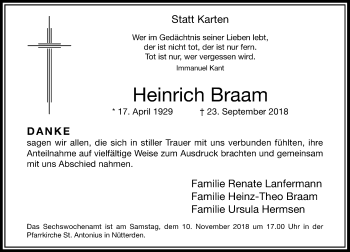 Traueranzeige von Heinrich Braam von Rheinische Post