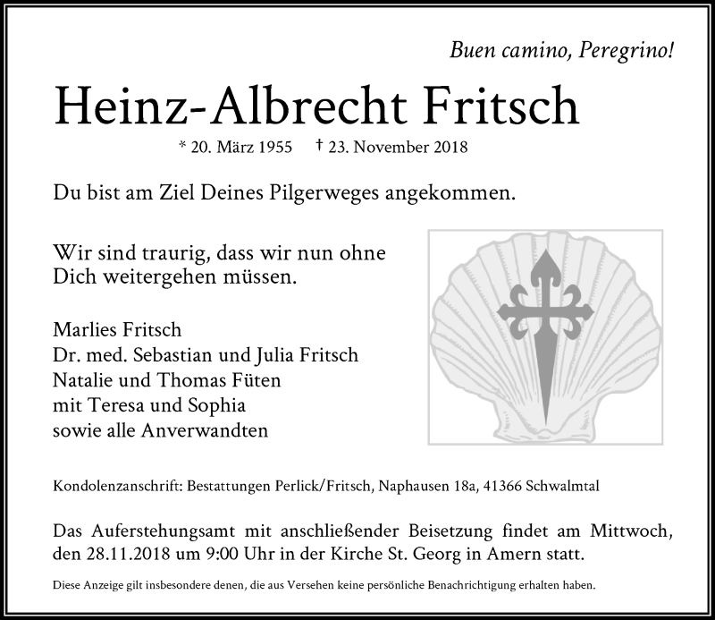  Traueranzeige für Heinz-Albrecht Fritsch vom 24.11.2018 aus Rheinische Post