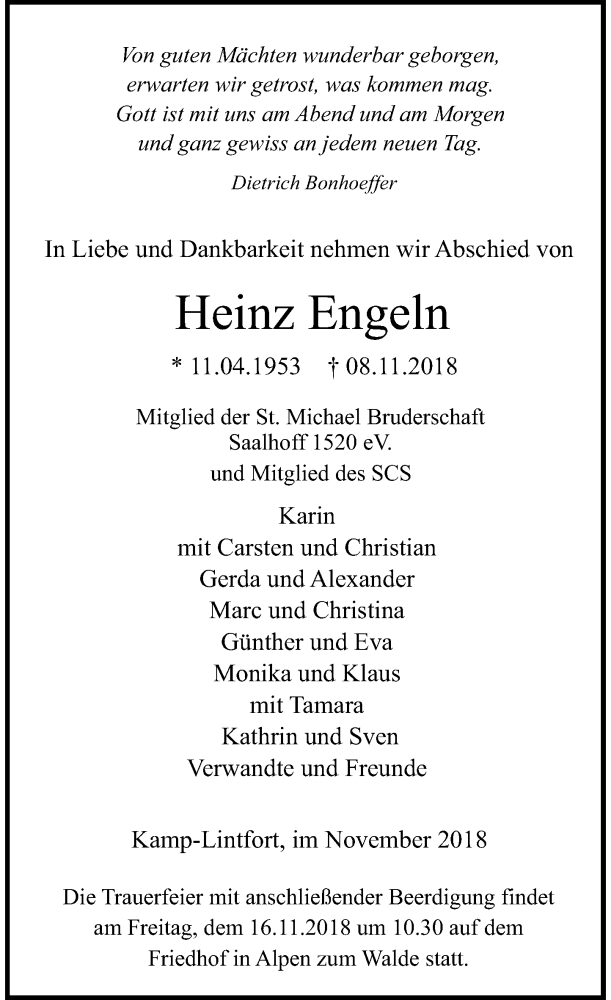  Traueranzeige für Heinz Engeln vom 10.11.2018 aus Rheinische Post