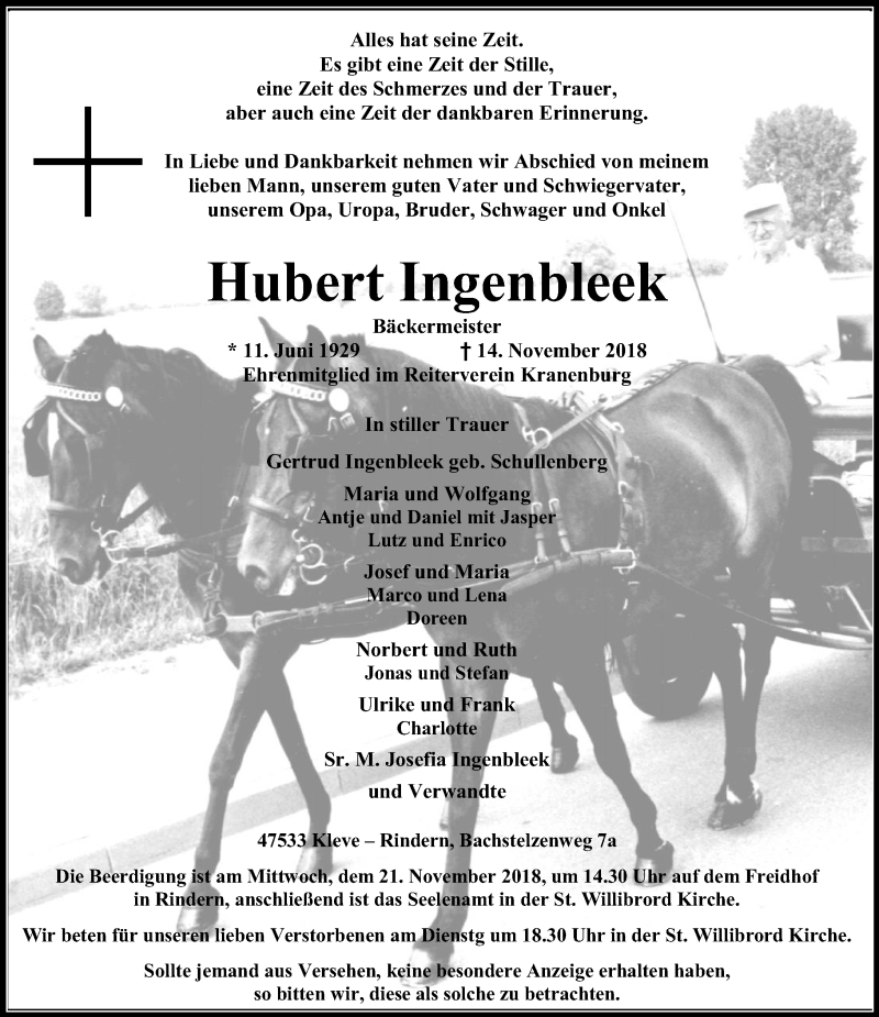 Traueranzeige für Hubert Ingenbleek vom 17.11.2018 aus Rheinische Post