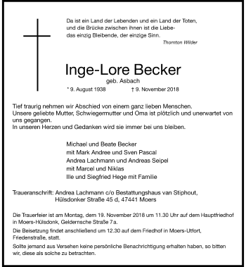 Traueranzeige von Inge-Lore Becker von Rheinische Post