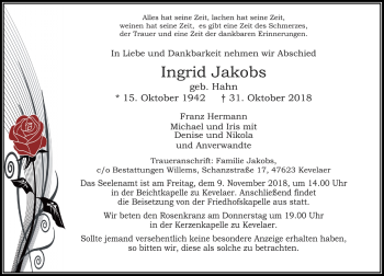 Traueranzeige von Ingrid Jakobs von Rheinische Post