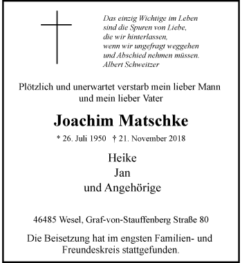 Traueranzeige von Joachim Matschke von Rheinische Post