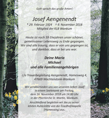 Traueranzeige von Josef Aengenendt von Rheinische Post