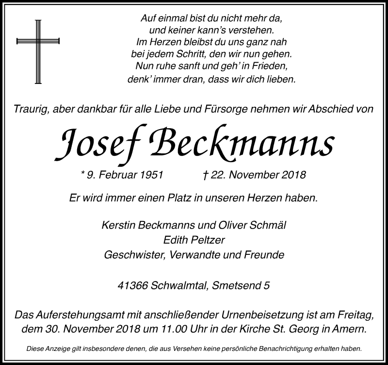  Traueranzeige für Josef Beckmanns vom 24.11.2018 aus Rheinische Post