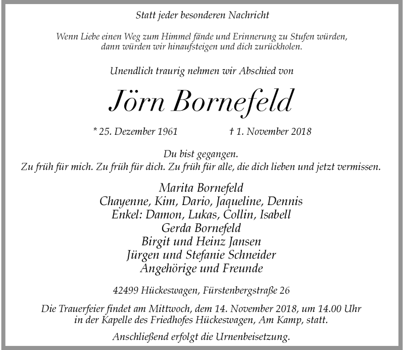  Traueranzeige für Jörn Bornefeld vom 07.11.2018 aus Rheinische Post
