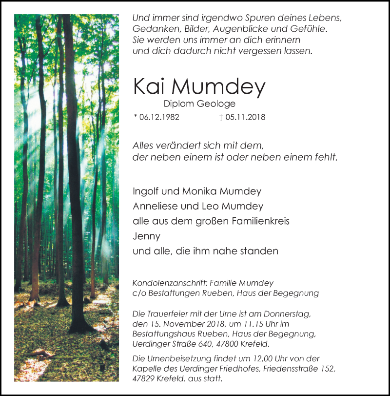  Traueranzeige für Kai Mumdey vom 10.11.2018 aus Rheinische Post