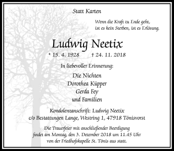 Traueranzeige von Ludwig Neetix von Rheinische Post