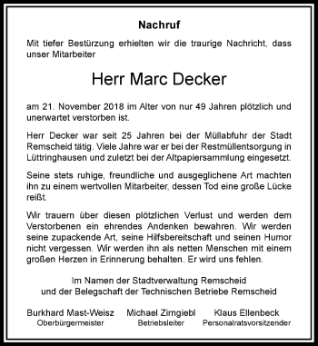 Traueranzeige von Marc Decker von Rheinische Post