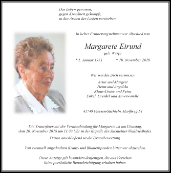 Traueranzeige von Margarete Eirund von Rheinische Post