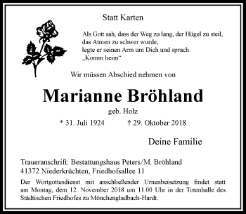 Traueranzeige von Marianne Bröhland von Rheinische Post