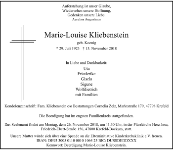 Traueranzeige von Marie-Louise  Kliebenstein von Rheinische Post