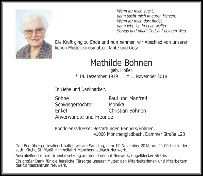  Traueranzeige für Mathilde Bohnen vom 10.11.2018 aus Rheinische Post