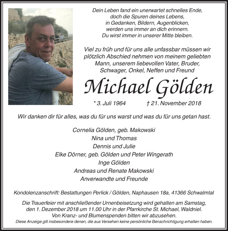  Traueranzeige für Michael Gölden vom 24.11.2018 aus Rheinische Post