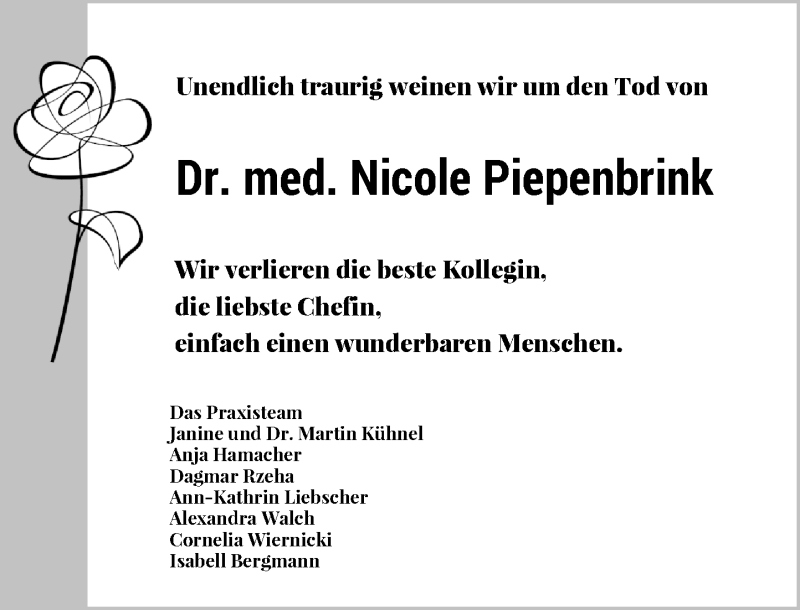  Traueranzeige für Nicole Piepenbrink vom 24.11.2018 aus Rheinische Post