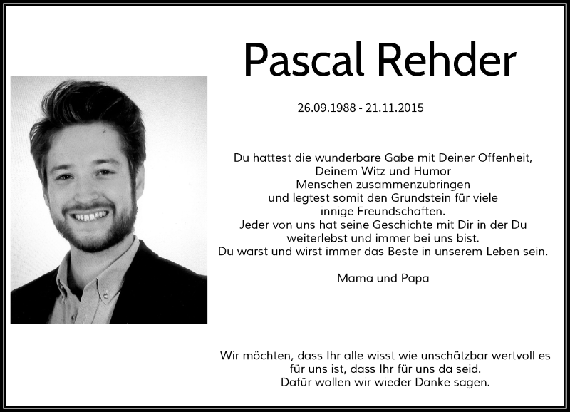  Traueranzeige für Pascal Rehder vom 21.11.2018 aus Rheinische Post