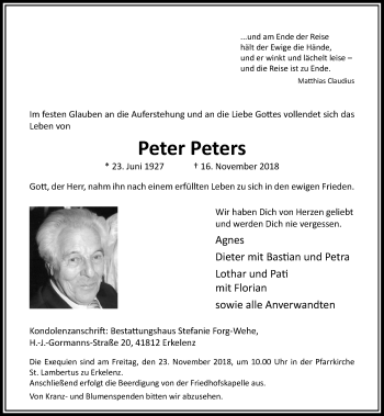 Traueranzeige von Pater Peters von Rheinische Post