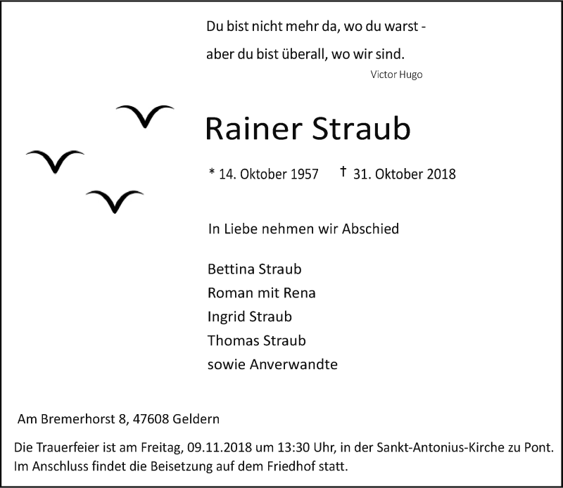  Traueranzeige für Rainer Straub vom 05.11.2018 aus Rheinische Post