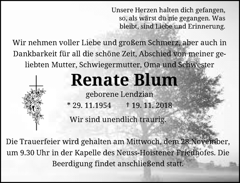  Traueranzeige für Renate Blum vom 21.11.2018 aus Rheinische Post