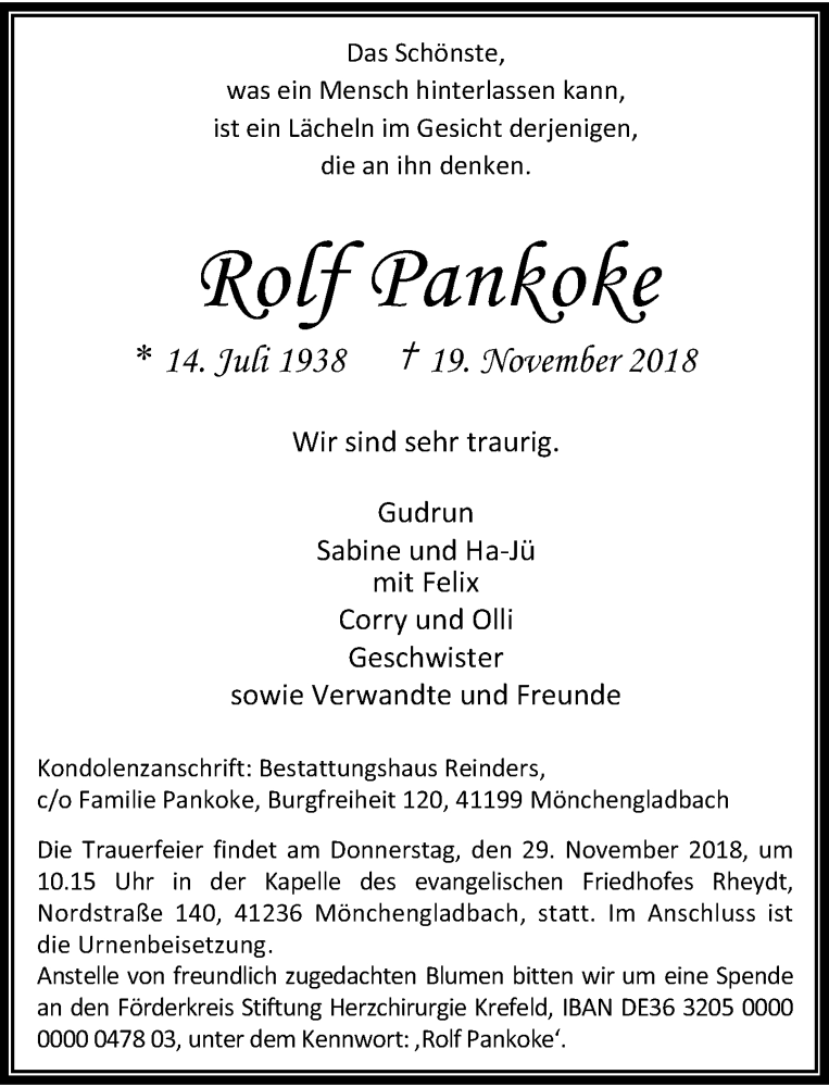  Traueranzeige für Rolf Pankoke vom 24.11.2018 aus Rheinische Post