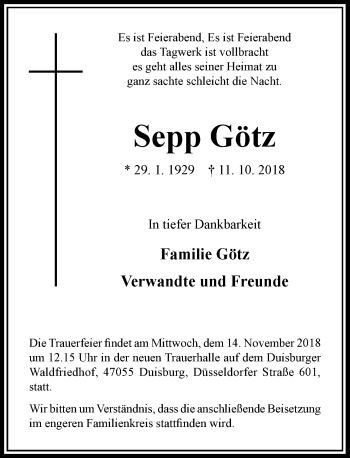 Traueranzeige von Sepp Götz von Rheinische Post