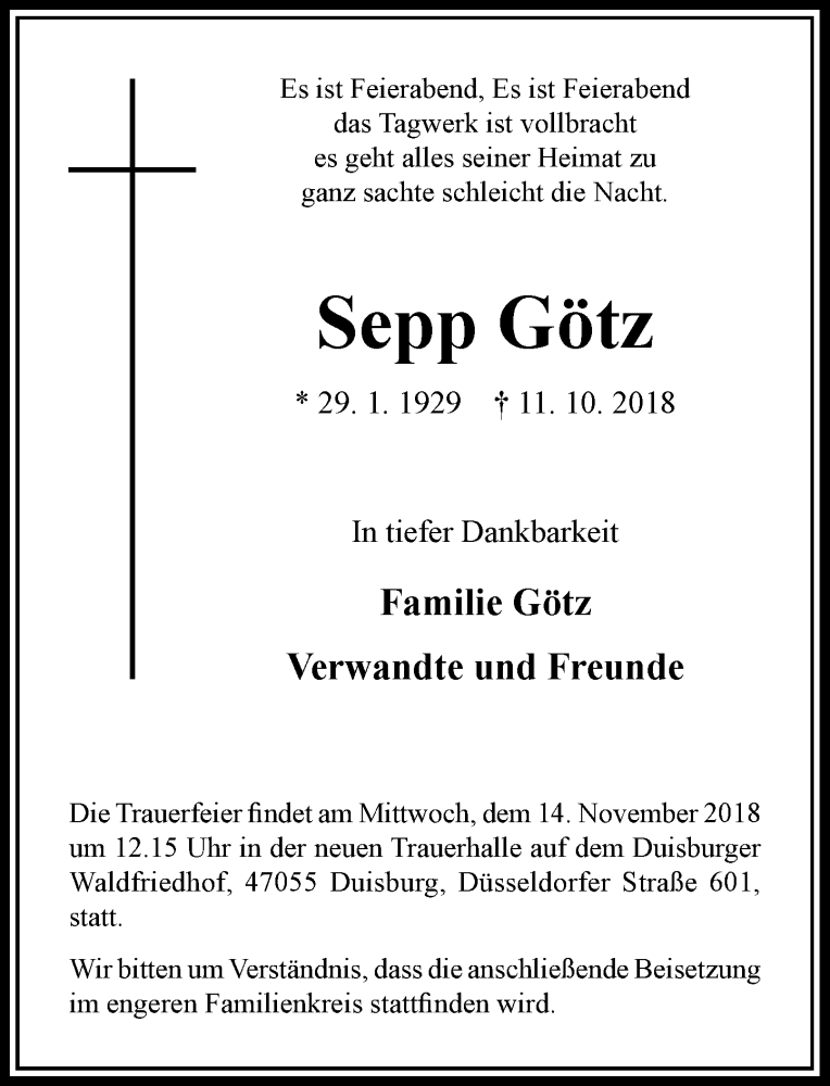  Traueranzeige für Sepp Götz vom 01.11.2018 aus Rheinische Post
