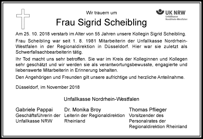  Traueranzeige für Sigrid Scheibling vom 03.11.2018 aus Rheinische Post