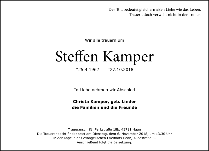  Traueranzeige für Steffen Kamper vom 03.11.2018 aus Rheinische Post