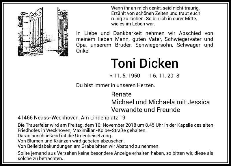  Traueranzeige für Toni Dicken vom 13.11.2018 aus Rheinische Post