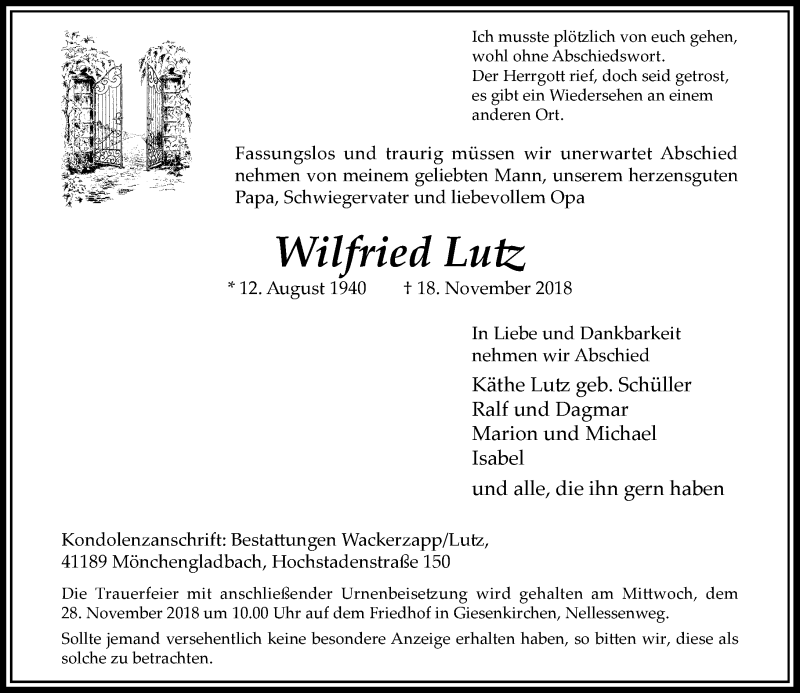  Traueranzeige für Wilfried Lutz vom 24.11.2018 aus Rheinische Post